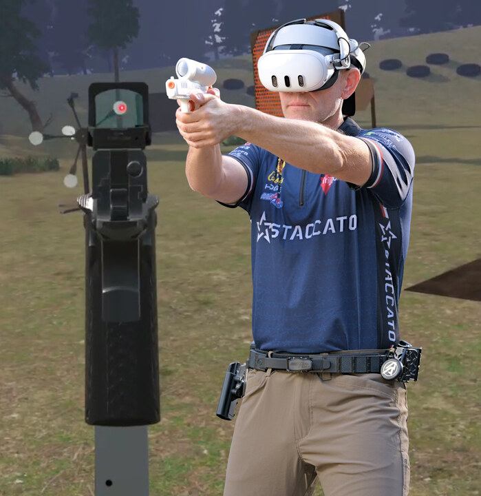 A competitive shooter running a stage with an Ace VR headset and handset.